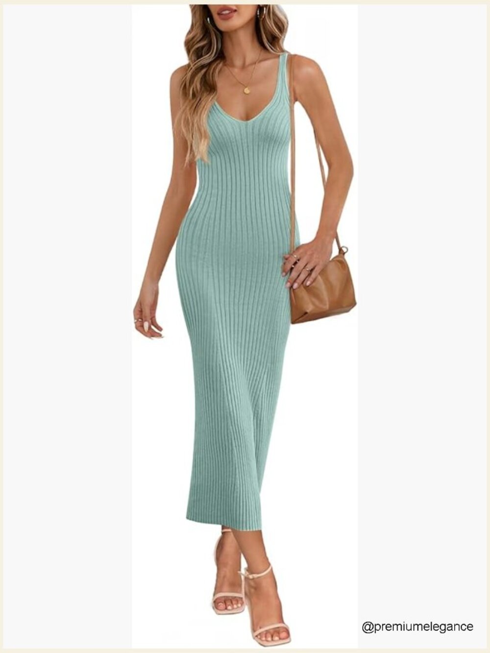 V-Neck Sleeveless Ribbed Knit Midi Dress Bodycon Summer Casual